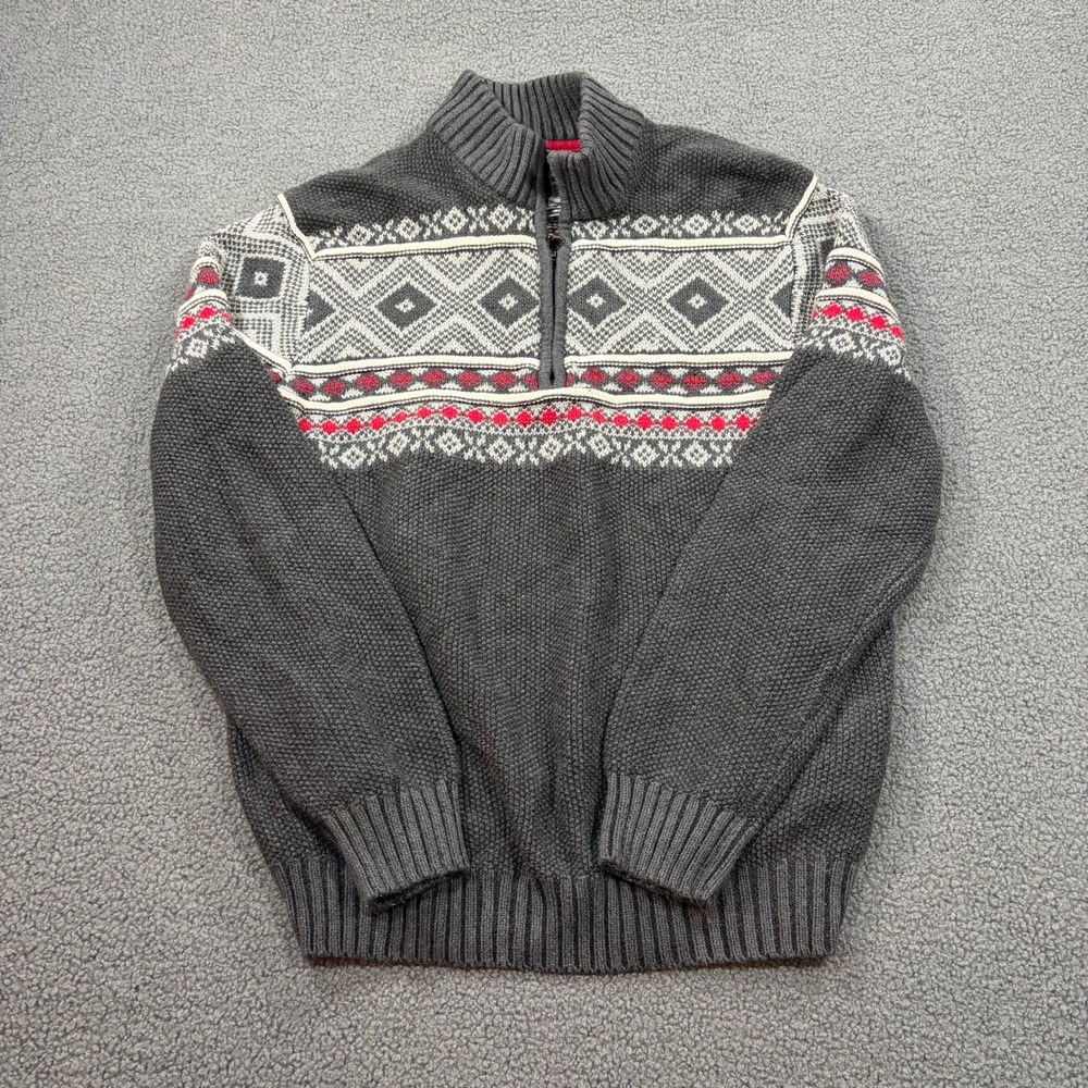 IZOD Sweater Mens Large Gray Fair Isle 1/4 Zip Pullover 492681 Nordic Knit